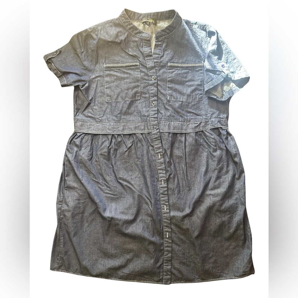 Suzanne Betro 1X blue denim high waisted baby doll dress.